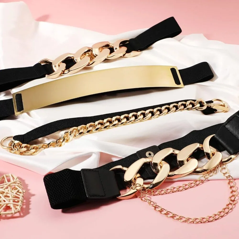 4 Pieces Women's Gold Metal Elastic Waist Belts for Dresses and Outfits